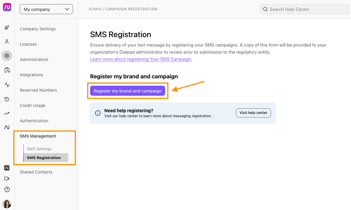 Dialpad Registration Button
